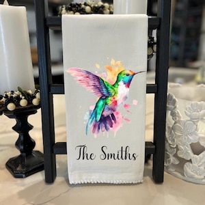 Watercolor Hummingbird Cotton Towel, Bird Towel, Hummingbird Kitchen Tea Towel, Bathroom Hand Towel, Hostess Housewarming Gift