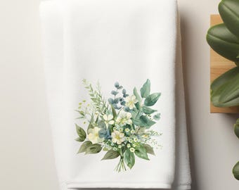 Greenery Velour Decorative Towel, Powder Room Towel, Greenery Fingertip Guest Towel, Bathroom Decor, Hostess Housewarming Gift, Mother's Day