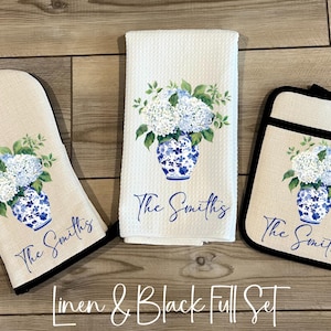Custom Baking Set, Personalized Oven Mitt Pot Holder Set, Chinoiserie Hydrangea Towel Gift Set, Mothers Day Gift, Hostess Housewarming Gift