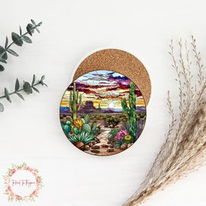 Faux Stained Glass Southwest Ceramic Coaster, Nature Lover Coaster, Coffee Table Decor, Individual Coaster, Desert Cactus Decor Coaster