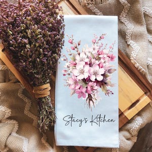 Cherry Blossoms Cotton Tea Towel, Floral Kitchen Decor, Custom Hand Towel, Hostess Housewarming Gift,  Gift For Her, Thank You Gift