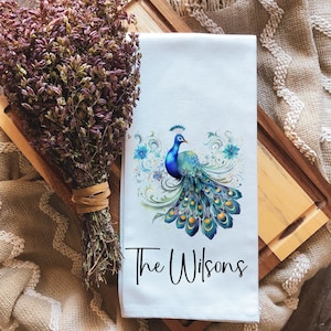 Blue Peacock Cotton Towel, Peacock Towel, Bird Kitchen Tea Towel, Bathroom Hand Towel, Hostess Housewarming Gift, Bird Lover Gift