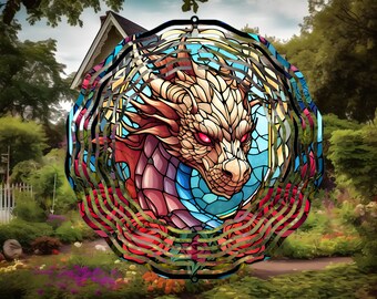 May include: A colorful metal wind spinner featuring a stained glass dragon design with red, pink, blue, and yellow accents. The dragon's eyes are red and the background is a blue and white swirl pattern. The wind spinner is surrounded by a ring of red roses.