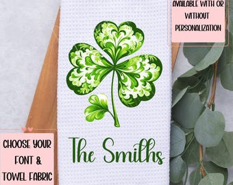 Personalized Shamrock Tea Dish Hand Kitchen Towel, St. Patrick's Kitchen Towel Decor Gift, Hostess Housewarming Gift For Her