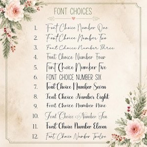 K&ouml;nnte beinhalten: Eine Liste mit zw&ouml;lf Schriftarten, nummeriert von eins bis zw&ouml;lf, wobei jede den Text Font Choice Number gefolgt von der entsprechenden Ziffer anzeigt. Das Dokument ist von einem Rahmen mit Blumen- und Beerenillustrationen umgeben.
