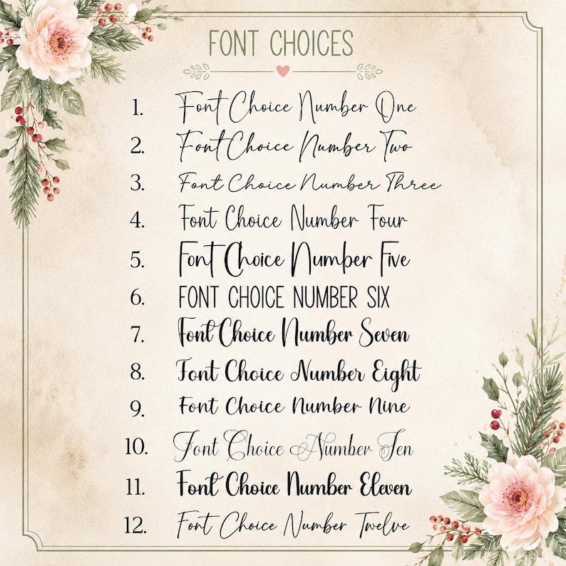 K&ouml;nnte beinhalten: Eine Liste mit zw&ouml;lf Schriftarten, nummeriert von eins bis zw&ouml;lf, wobei jede den Text Font Choice Number gefolgt von der entsprechenden Ziffer anzeigt. Das Dokument ist von einem Rahmen mit Blumen- und Beerenillustrationen umgeben.