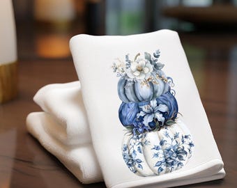 Blue Stacked Pumpkins Velour Decorative Towel, Blue Powder Room Towel, Fall Guest Towel, Bathroom Decor, Hostess Housewarming Gift