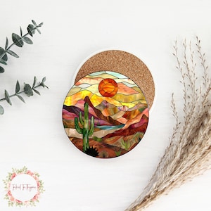 Faux Stained Glass Southwest Ceramic Coaster, Nature Lover Coaster, Coffee Table Decor, Individual Coaster, Desert Cactus Decor Coaster