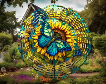 Sunflower and Butterfly  Wind Spinner, 10 Inch Double Sided Wind Spinner- Yard Art, Housewarming- Mothers Day Gift