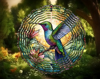 Faux Stained Glass Hummingbird  Wind Spinner 10" Metal Double Sided Wind Spinner- Yard Art, Housewarming Gift-Birthday Gift