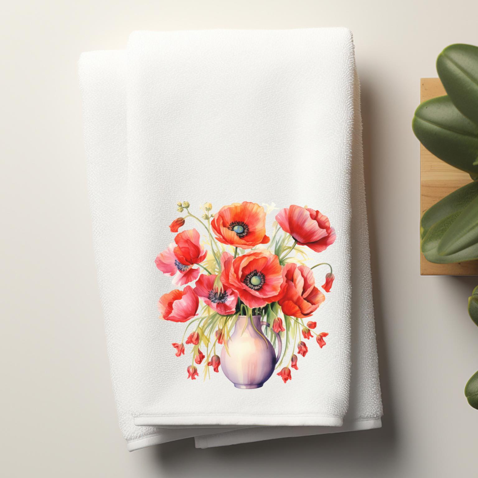 Poppies Velour Hand Towel, Powder Room Towel, Fingertip Guest Towel, Bathroom Decor, Hostess Housewarming Gift, Mother's Day, Floral Bath