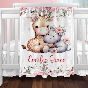 Personalized Baby Girl Floral Giraffe & Hippo Blanket, New Baby Gift, Baby Shower Gift, Gift For Girl, Pink Nursery Blanket, Toddler Blanket