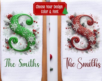 Custom Red or Green Monogram Christmas Tree Dish Tea Hand Kitchen Towel, Holiday Kitchen Decor, Hostess Housewarming Gift, Christmas Gift