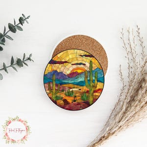 Faux Stained Glass Southwest Ceramic Coaster, Nature Lover Coaster, Coffee Table Decor, Individual Coaster, Desert Cactus Decor Coaster