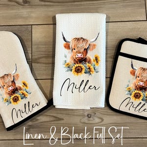 Custom Baking Set, Personalized Oven Mitt Pot Holder Set, Highland Cow Towel Gift Set, Mothers Day Gift, Hostess Housewarming Gift