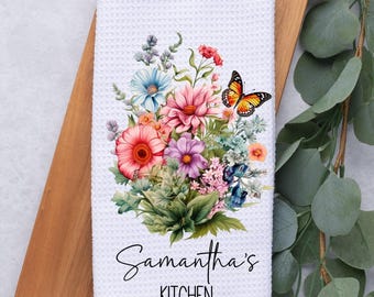 Custom Wildflowers Tea Dish Hand Kitchen Towel, Personalized Kitchen Decor Gift-Hostess Housewarming Gift, Gift For Her, Closing Gift