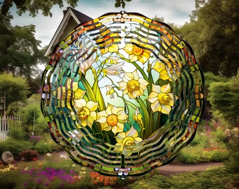 Faux Stained Glass Daffodils Wind Spinner, 10" Double Sided Wind Spinner, Yard Art- Mothers Day Gift - Housewarming Gift