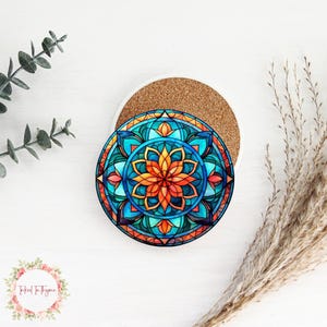Faux Stained Glass Mandala Ceramic Coaster, Mandala Lover Coaster, Coffee Table Decor, Drink Coaster, Mix & Match Coasters,