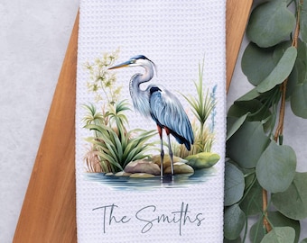 Custom Watercolor Blue Heron Tea Dish Hand Kitchen Towel, Custom Kitchen Towel Decor Gift-Bird Nature Lover Gift, Hostess Housewarming Gift