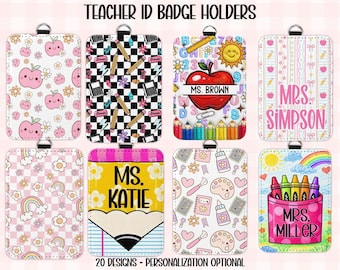 May include: Eight rectangular teacher ID badge holders with rounded corners and metal clips. Designs include pink apples, black and white checkerboard with pencils, a red apple with the text MS. BROWN, and personalized name tags.