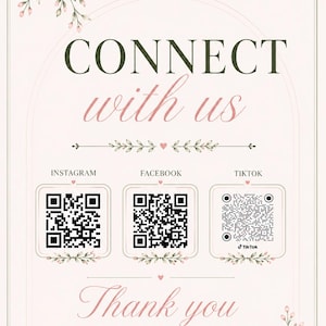 K&ouml;nnte beinhalten: Ein hellrosa Informationsschild mit dem Titel Inked In Thyme und dem Text CONNECT with us. Es enth&auml;lt drei schwarz-wei&szlig;e QR-Codes f&uuml;r Instagram, Facebook und TikTok, gefolgt von dem Text Thank you FOR SUPPORTING MY SMALL BUSINESS xo, Jennie.