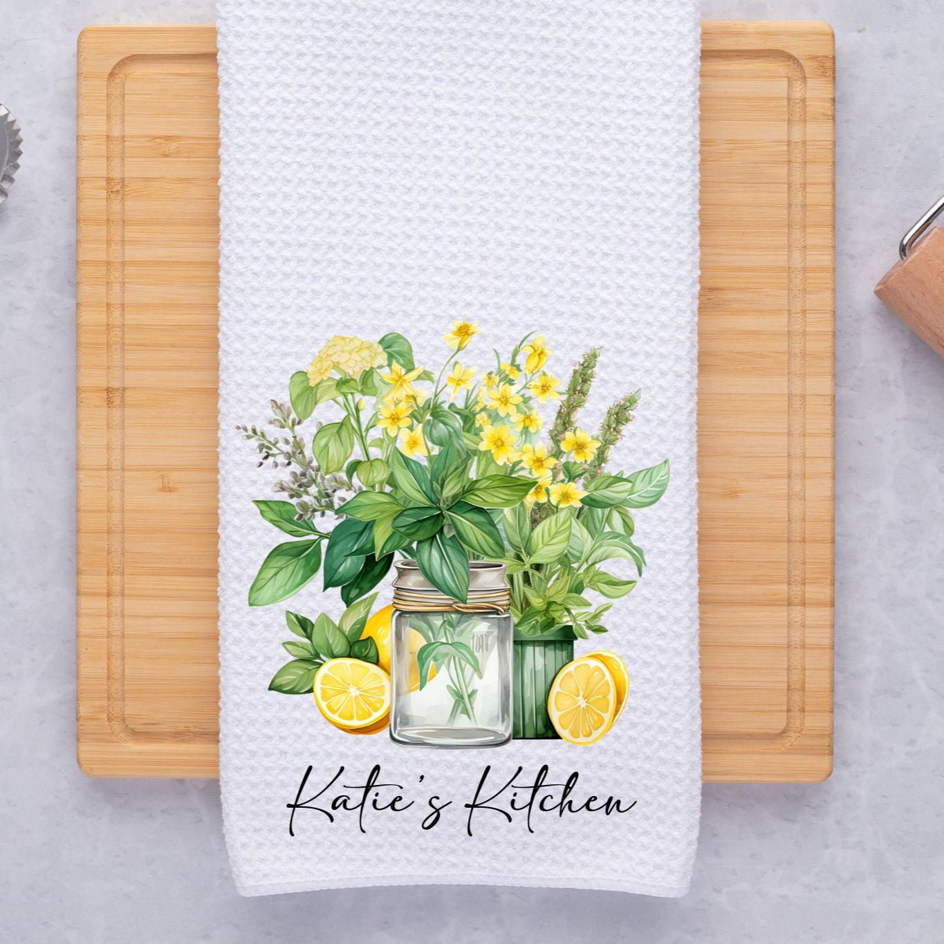 Personalized Yellow Flowers and Lemons Jar Dish Tea Hand Kitchen Towel, Kitchen Decor Gift- Mother's Day Gift-Housewarming Hostess Gift