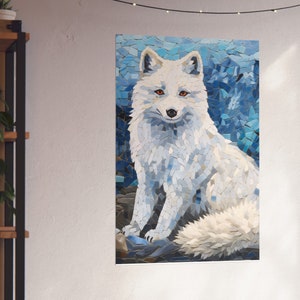 Arctic Fox Faux Mosaic Poster Livingroom Wall Art, Fluffy Winter Fox Lover Bedroom Gift, Northern Snowy SkyWild Animal Lover Home Décor Gift