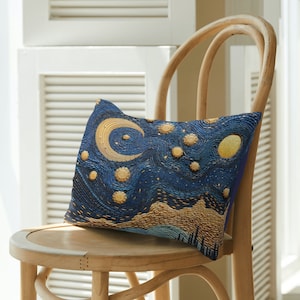 Embroidered Crescent Moon Lumbar Pillow, Celestial Moon Stars Digital Body Cushion, Faux Embroidery Boho Mystic Moon Cottage Core Home Décor