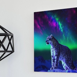Vivid Aurora Borealis Snow Leopard Digital Downloadable Poster, Colorful Northern Light, Celestial Night Sky Wall Art, Big Cat Lover Gift
