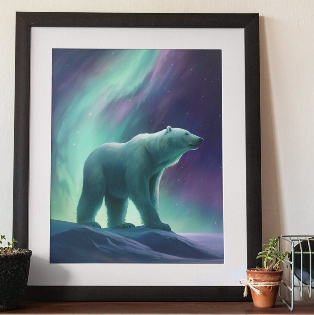 Polar Bear Art Northern Lights Livingroom Art Bedroom Night Sky Art