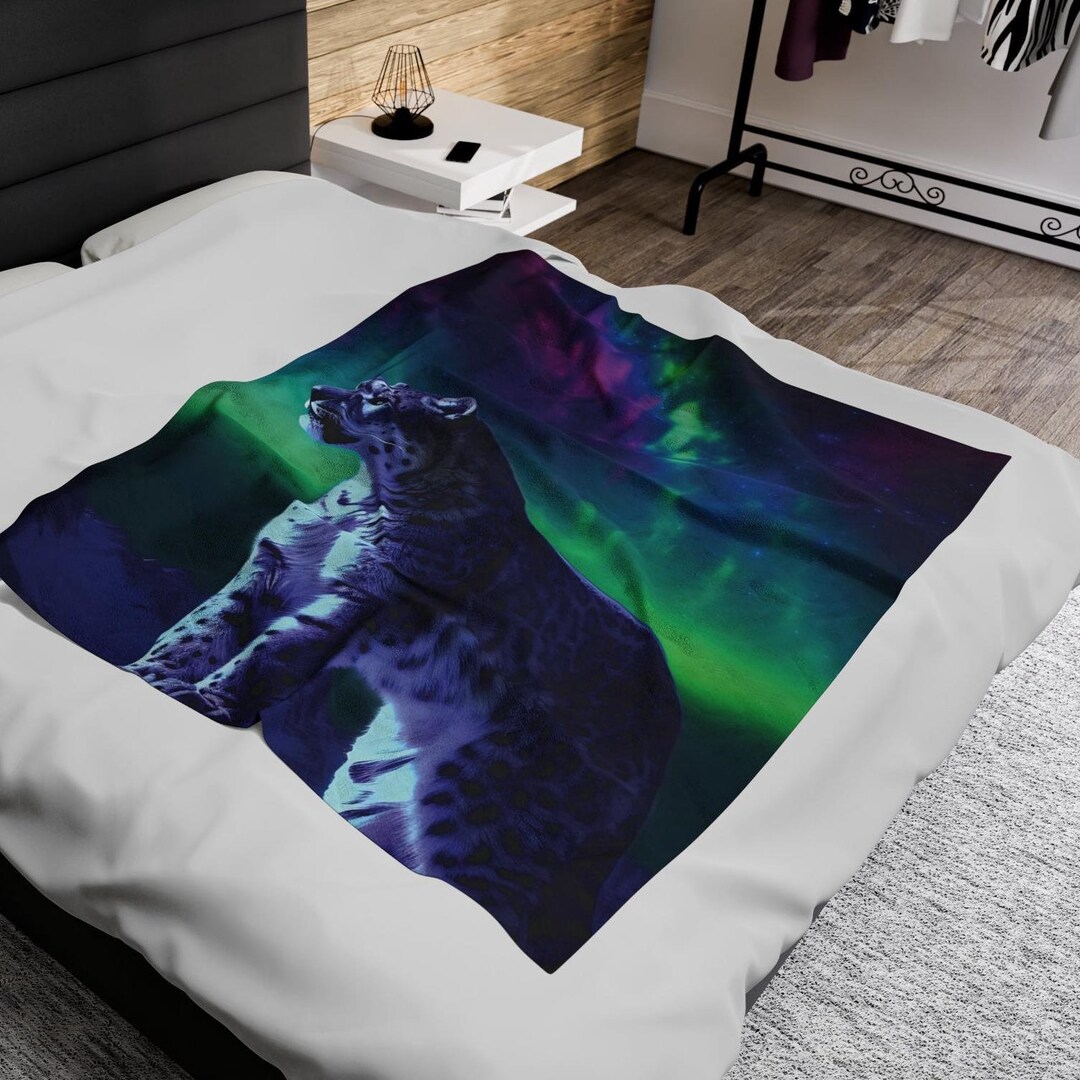 Velveteen Snow Leopard Throw Blanket Christmas Gift Aurora Borealis ...