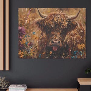 Baby Highland Cow With Tongue Out Wrapped Matte Canvas, Spring Flower Warm Colors Home Décor Art, Farmcore Cute Highland Cow Lover Wall Art