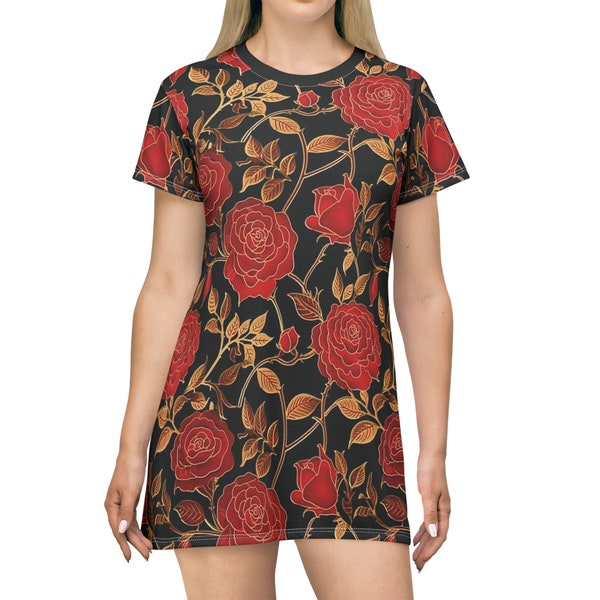 Red Rose Gold Branch Black Art Deco Floral TShirt Dress Classic Romantic Bold Mini Summer Shift Statement Comfy Casual Vacation Tee Dress