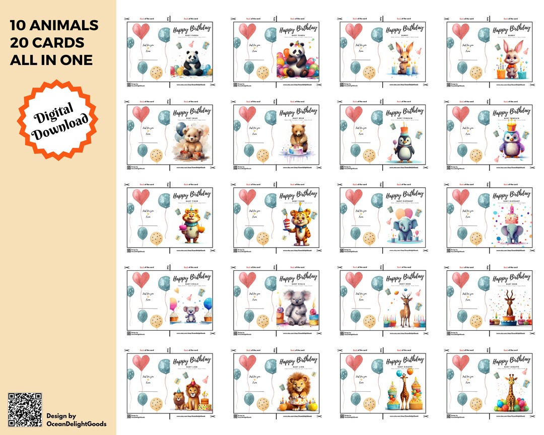 10set 20 Pcs Printable Animal Birthday Cards Birthday Card - Etsy