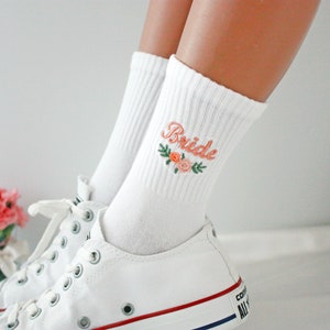 Floral Bride Socks, Custom Bridesmaid Socks, Peach Embroidery Crew Socks, Personalised Socks, Bridal Party Socks, Wifey Sock, Valentines Day
