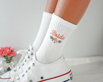 Floral Bride Socks, Custom Bridesmaid Socks, Peach Embroidery Crew Socks, Personalised Socks, Bridal Party Socks, Wifey Sock, Valentines Day