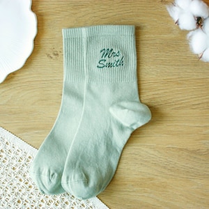 Bride Socks Custom Embroidered Sage Green Mrs Mr Wedding Socks Romantic Fall Wedding Socks Bridesmaid Socks Made of Honor Socks Christmas