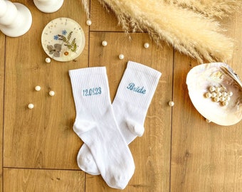 Custom Embroidered Wedding Gift, Something Blue Gift for the Bride, Personalized Crew Socks Gift, Bridesmaid Gift, Wedding Date Socks Gift