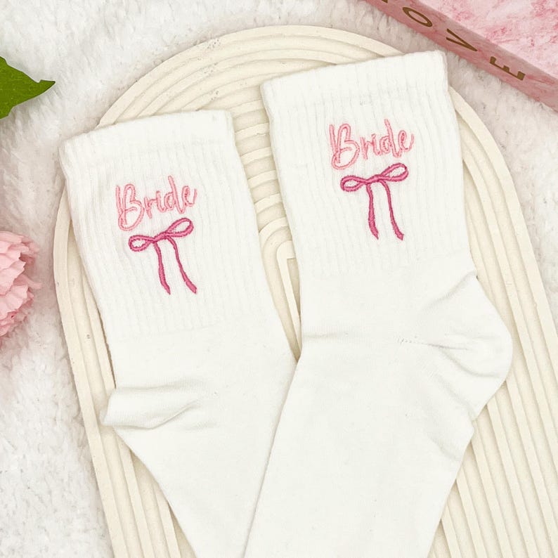 Ribbon Embroidery Bride Socks, Personalized Wedding Socks, Something Blue Bow Socks, Bridesmaid Proposal Socks, Bachelorette Party Socks