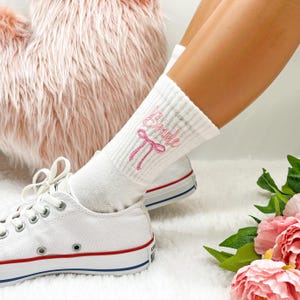 Ribbon Embroidery Bride Socks, Personalized Wedding Socks, Something Blue Bow Socks, Bridesmaid Proposal Socks, Bachelorette Party Socks