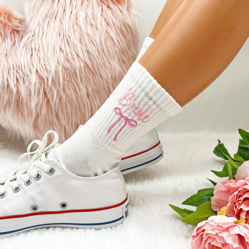 Ribbon Embroidery Bride Socks, Personalized Wedding Socks, Something Blue Bow Socks, Bridesmaid Proposal Socks, Bachelorette Party Socks