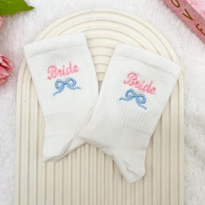 Ribbon Embroidery Bride Socks, Personalized Wedding Socks, Something Blue Bow Socks, Bridesmaid Proposal Socks, Bachelorette Party Socks