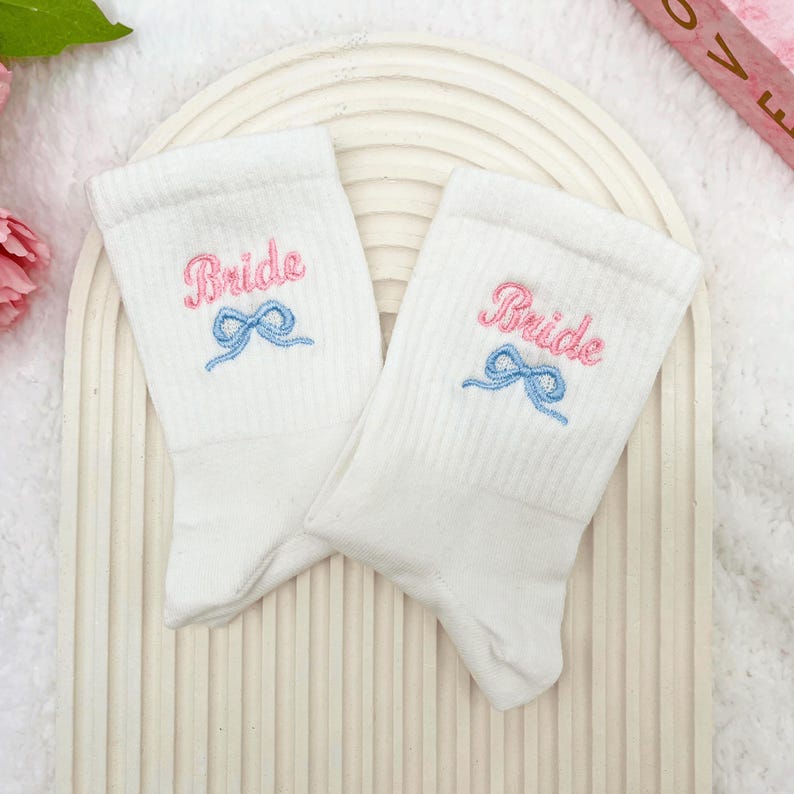Ribbon Embroidery Bride Socks, Personalized Wedding Socks, Something Blue Bow Socks, Bridesmaid Proposal Socks, Bachelorette Party Socks