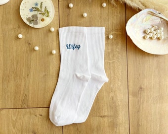 Wifey Socks Blue Custom Embroidered Something Blue for Bride From Mom Blue Embroidery Bride Socks Custom Wedding Socks Just Married Socks