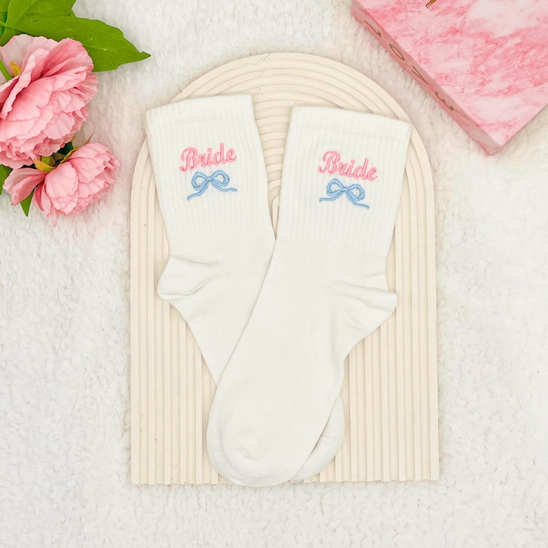 Ribbon Embroidery Bride Socks, Personalized Wedding Socks, Something Blue Bow Socks, Bridesmaid Proposal Socks, Bachelorette Party Socks