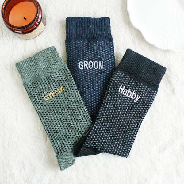 Custom Embroidered Wool Groom Socks, Sage Green Groomsmen Socks,Best Man Socks, Personalized Wedding Socks, Men's Dress Sock, Polka Dot Sock