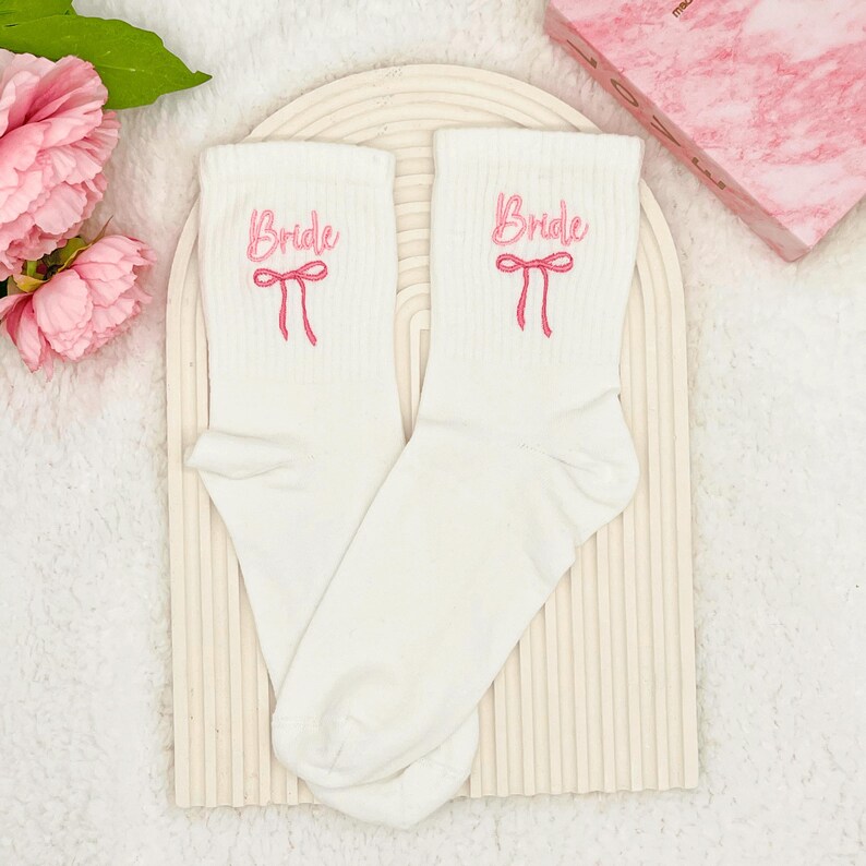 Ribbon Embroidery Bride Socks, Personalized Wedding Socks, Something Blue Bow Socks, Bridesmaid Proposal Socks, Bachelorette Party Socks
