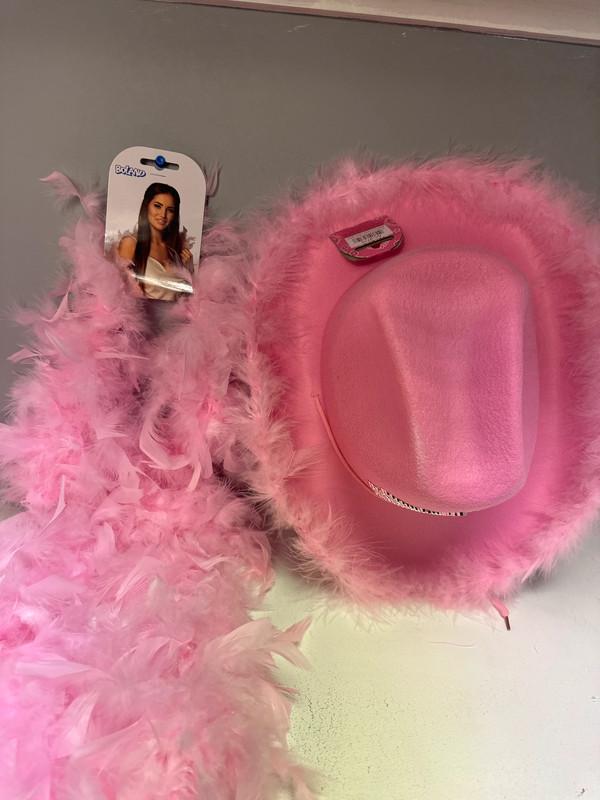 5298 Pink Cowgirl Hat With Feather Boa And Tiara Crown, Cowboy Pink Tiara Cowboy Hat + Pink Feather Boa Fancy Dress Adult  main image 2