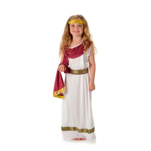Può includere: Un costume bianco in stile toga con finiture dorate e una fascia bordeaux. Il costume comprende una fascia dorata e una cintura decorativa. Questo outfit è adatto per un evento storico o teatrale per bambini.