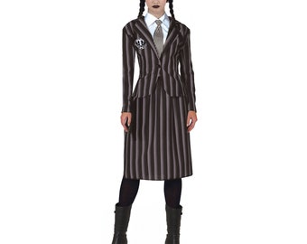 Women's Wednesday Uniform Costume + Wig Gothic Schoolgirl Adults World Book Day Character Fancy Dress Outfit